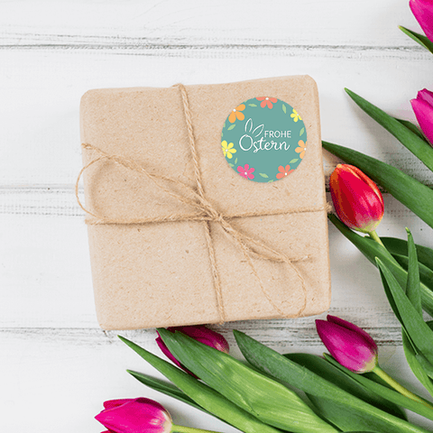 Runder Sticker 40x40mm - Frohe Ostern Blumenkranz